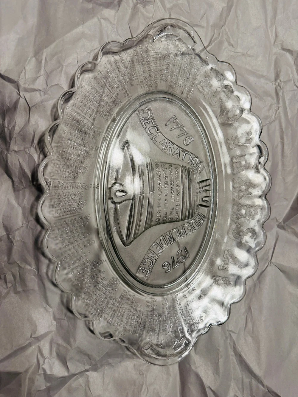 Vintage 1976 Bicentennial Liberty Bell Glass Platter Declaration Independence